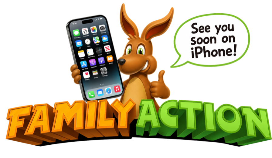 The Family Action kangaroo holding an iPhone β see you soon on iPhone!
