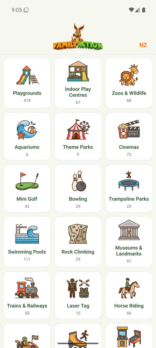 Family Action app β the category grid of things to do