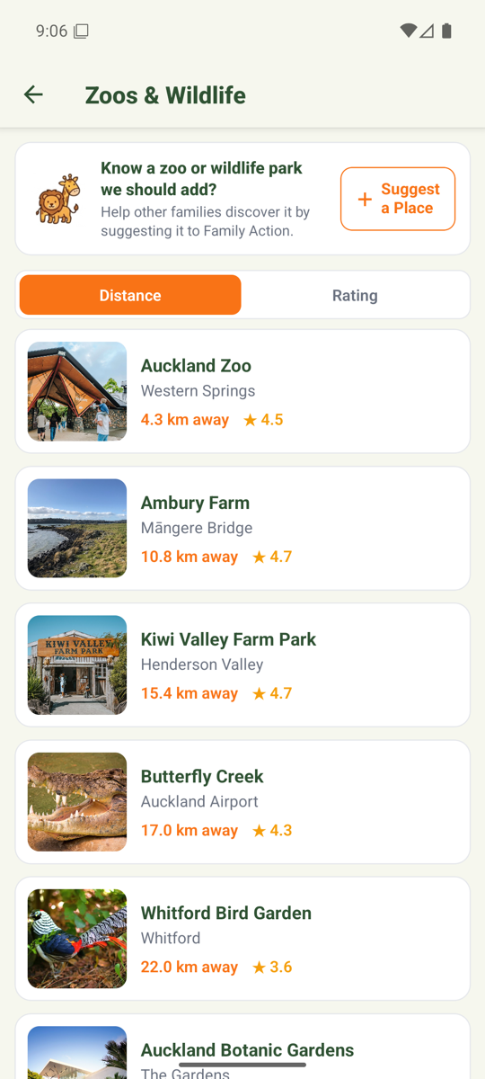 Family Action app — venues near you, sorted by distance